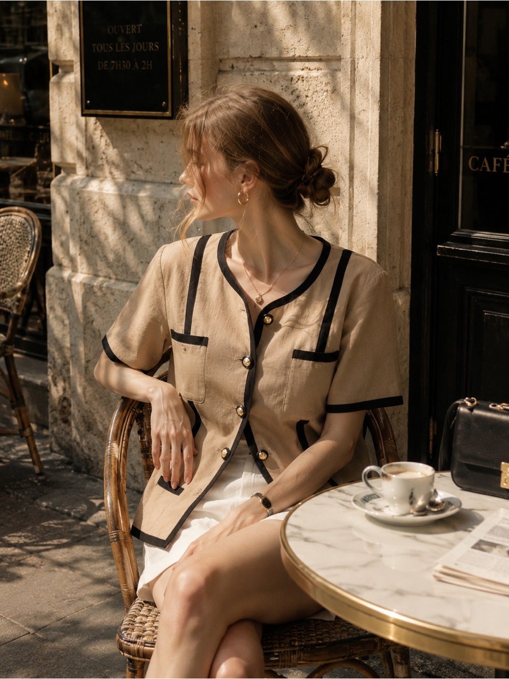 Betty Chow 100% Linen Contrast Trim Parisian Top M